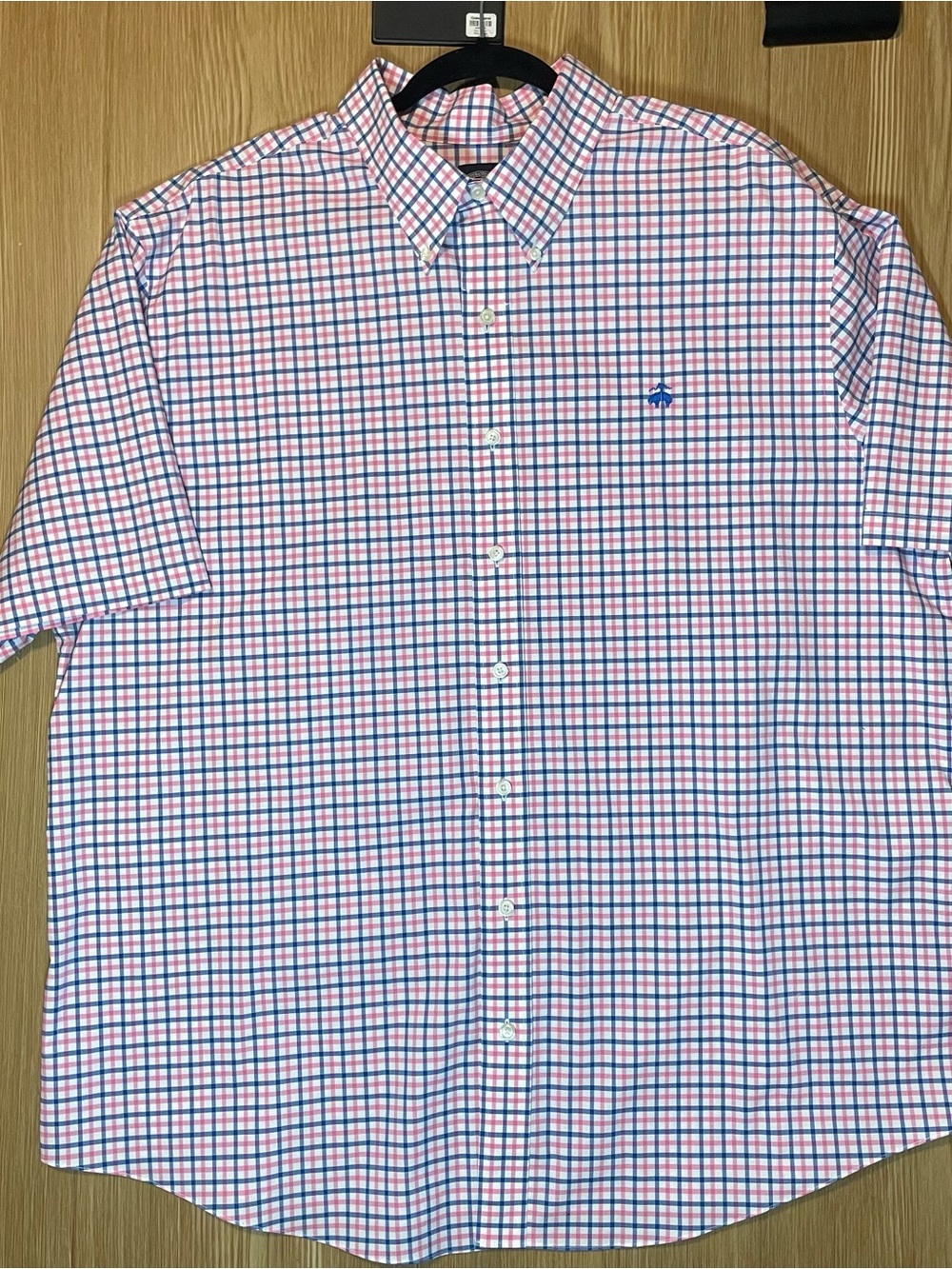Brooks Brothers 2XL Short Sleeve Button Down Shirt Pink Blue Check Supima